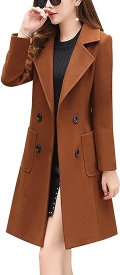 Photo 1 of chouyatou Women Elegant Notched Collar Double Breasted Wool Blend Over Coat Small Brown