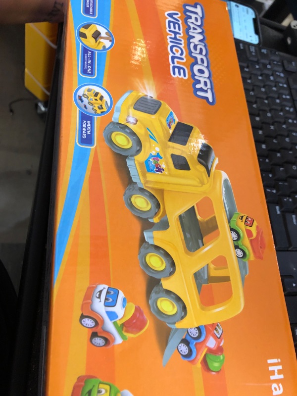 Photo 2 of iHaHa Toy Trucks Car for 1 2 3 4 5 Year Old Toddlers Boys, 5 in 1 Carrier Truck Car Construction Vehicles Toys for Kids Boys Girls Toddlers Christmas Birthday Gifts, Car Trucks Toys with Light Sound Yellow