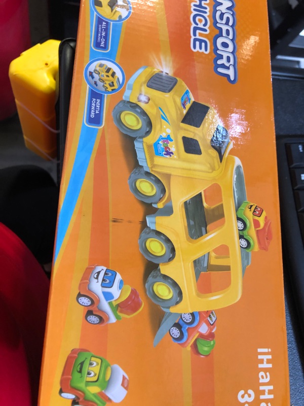 Photo 2 of iHaHa Toy Trucks Car for 1 2 3 4 5 Year Old Toddlers Boys, 5 in 1 Carrier Truck Car Construction Vehicles Toys for Kids Boys Girls Toddlers Christmas Birthday Gifts, Car Trucks Toys with Light Sound Yellow