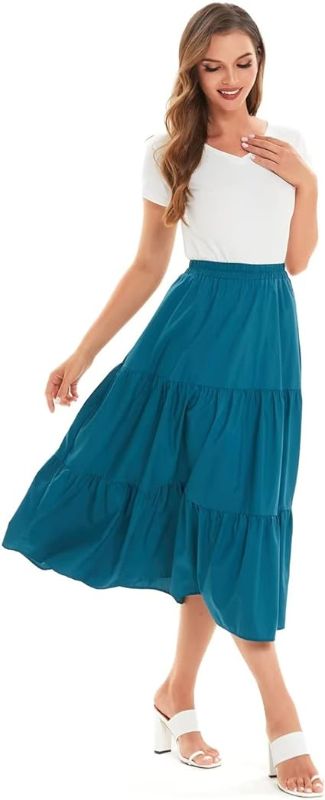 Photo 1 of DIASHINY Women's High Waist Elastic Waist A Line Solid Pleated Tiered Long Skirt