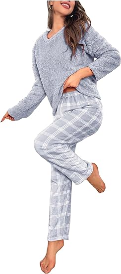 Photo 1 of SOLY HUX Women's Pajama Set Fuzzy Long Sleeve Tee Tops and Plaid Pants Loungewear Sleepwear   large 