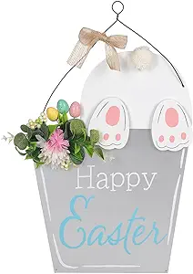 Photo 1 of Glitzhome Easter Wooden Bucket Shaped Bunny Wall Hanging Art Sign Decor, 18" H, Multi-Color