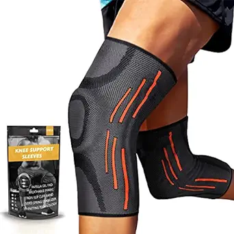 Photo 1 of 2 Pack Knee Compression Sleeve - Knee Brace for Men & Women with Patella Gel Pads & Side Stabilizers, Knee Support for Working Out, Running, Weightlifting, for Arthritis Joint Pain Relief ACL Size 