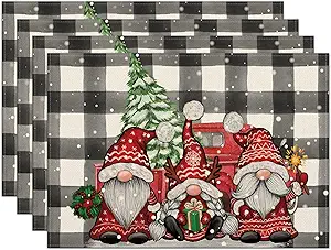 Photo 1 of 
Christmas Gnomes Placemats Set of 4,Winter Buffalo Plaid Gnomes Red Truck with Tree Heat-Resistant Place Mats,Seasonal Merry Xmas Holiday Table Decors for Farmhouse Kitchen Dining Party 12x18 Inch