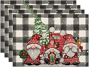 Photo 1 of Christmas Gnomes Placemats Set of 4,Winter Buffalo Plaid Gnomes Red Truck with Tree Heat-Resistant Place Mats,Seasonal Merry Xmas Holiday Table Decors for Farmhouse Kitchen Dining Party 12x18 Inch