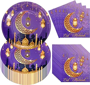 Photo 1 of 100 Pcs Ramadan Eid Mubarak Party Supplies Disposable Plates Napkins Set Eid Mubarak Tableware Dinner Lunch Dessert Appetizer for Baby Shower Birthday Wedding Eid Party Favors Serves 50