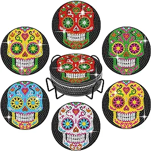 Photo 1 of 6 Pcs Skull DIY Diamond Paintings Coasters Kits with Holder,Skeleton Flower 5D Diamond Art Coasters Set,Full Drill Rhinestone Painting Kits for Adults & Kids,Beginners Art Craft Supplies