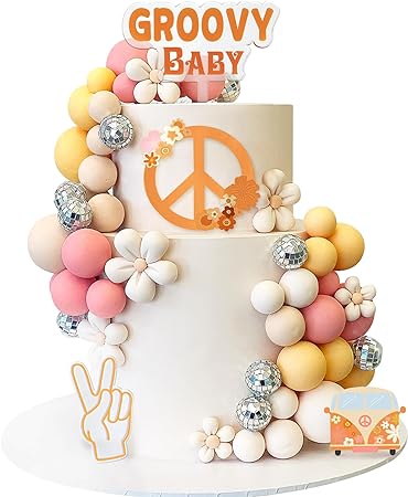 Photo 1 of 48 PCS Boho Groovy Baby Cake Topper Mini Balls Acrylic Cake Topper Disco Ball Cake Retro Hippie Daisy Flower Cake Topper For Cake Decorating Bohemian Groovy Wedding Party Supplies