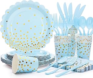 Photo 1 of Blue and Gold Party Decorations 175PCS Light Blue Paper Plates and Napkins and Cups With Blue Plastic Forks Knives Spoons for Wedding Birthday Party Baby Shower Decorations Boy