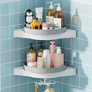 Photo 1 of 360° Rotate Corner Shower Caddy, 2 Pack Rotating Shower Organizer Shelves, Shower Lazy Susan Organizer for Bathroom Storage with Hook, No Drill Shower Shelf Rack for Bathroom, Dorm, Kitchen