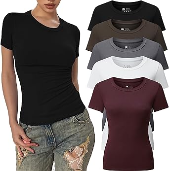 Photo 1 of 5pcs Women's Ribbed Short Sleeve Slim Fit T Shirt Crew Neck Bodycon Crop Tunics Going Out Tops
