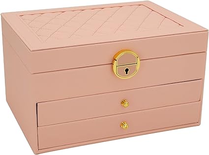 Photo 1 of ewelry Box for Women, 3-Layer Jewelry Organizer, Jewelry Storage Case PU Leather for Earrings, Bracelets, Ring, Necklaces-Pink