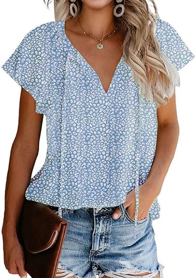 Photo 1 of   SMALL    Mansy Women's Casual Floral Print V Neck Ruffle Short Sleeve Summer Shirts Tops Loose Blouses