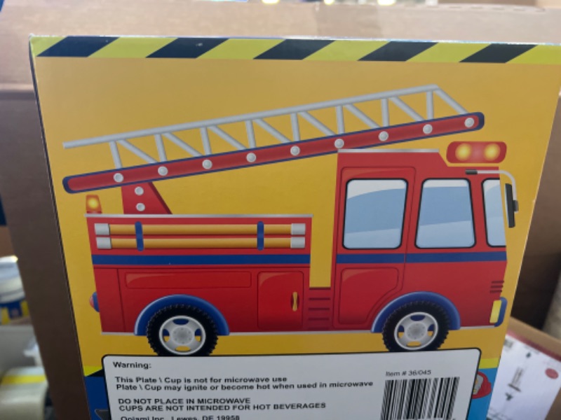Photo 2 of Firefighter Birthday Party Supplies Kit for 24 Guests - Includes Plates, Cups, Napkins, 2 Table Covers & Happy Birthday Banner - Ultimate Fire Truck Themed Party Set