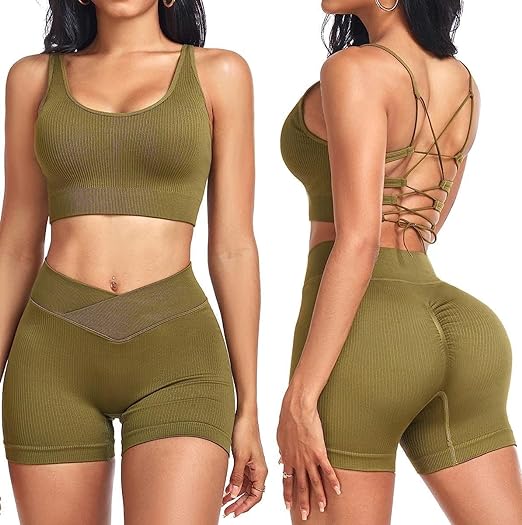 Photo 1 of SIZE SMALL   OLCHEE Womens Workout Sets 2 Piece - Seamless Ribbed Gym Outfits Short Sleeve Crop Top and Biker Shorts Matching Yoga Clothes