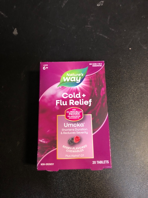 Photo 2 of Nature's Way Cold+Flu Relief, Umcka, Shortens Duration and Reduces Severity, Multi-Symptom Relief, Homeopathic, Phenylephrine Free, Non-Drowsy, Berry Flavored, 20 Chewable Tablets(Packaging May Vary) exp 09/2025