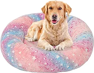 Photo 1 of Pet Donut Bed for Dogs & Cats, Glow in The Dark Ultrasoft Anti-Anxiety Donut Cuddler Bed for Dog, Machine Washable Plush Cushion for Small to Large Breeds, Pink L

