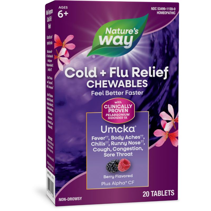 Photo 1 of Nature's Way Cold+Flu Relief, Umcka, Shortens Duration and Reduces Severity, Multi-Symptom Relief, Homeopathic, Phenylephrine Free, Non-Drowsy, Berry Flavored, 20 Chewable Tablets(Packaging May Vary) EXP 09/2025