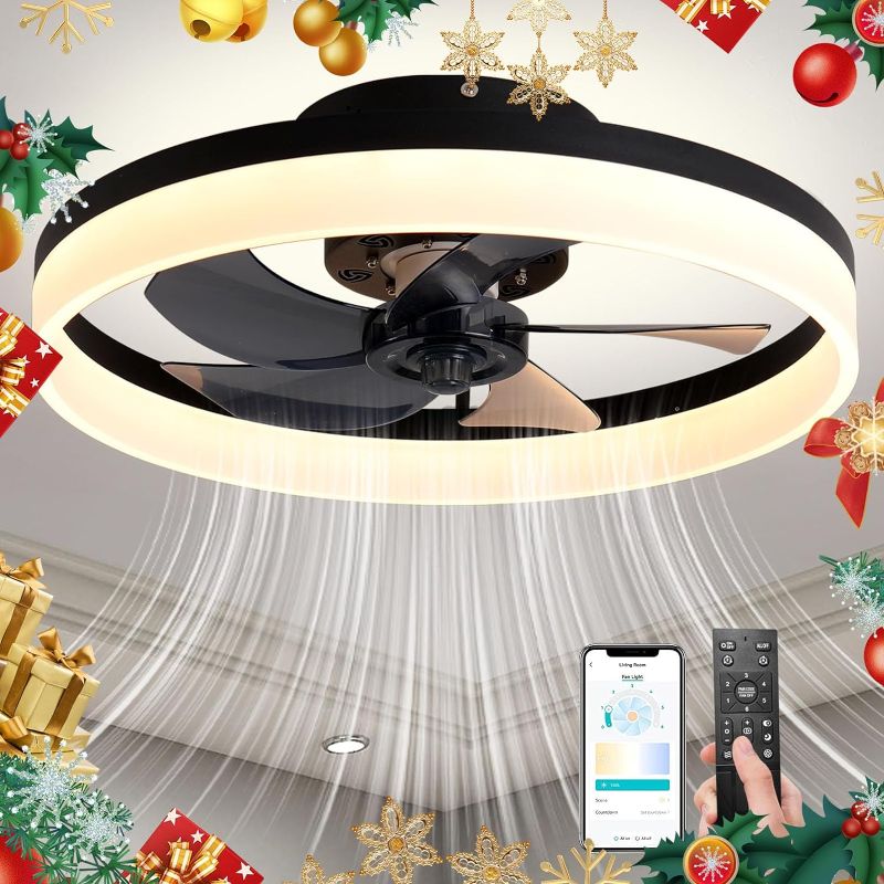 Photo 1 of 20" Modern Ceiling Fan with Light, Dimmable LED 6 Speeds Reversible Blades Timing with Remote Control, Semi Flush Mount Low Profile ceiling fan with light for home bedroom, Black
