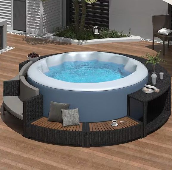 Photo 1 of Black 5-Piece Wicker Outdoor Sectional Set Spa Hot Tub Accessories Furniture with Storage and Gray Cushions
