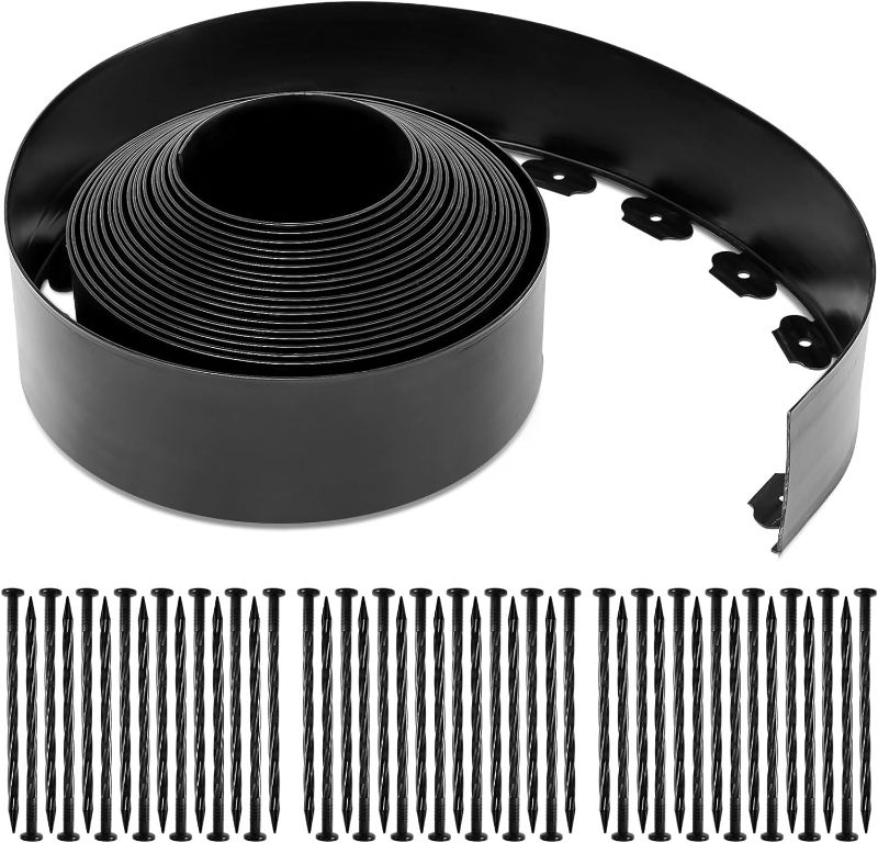 Photo 1 of 5'' x 50' Landscape Edging Kit No Dig Edging Border Coil Include 45 Anchoring Spikes Plastic Garden Edging Border for Lawn Garden Grass Yard Home School (Black)
