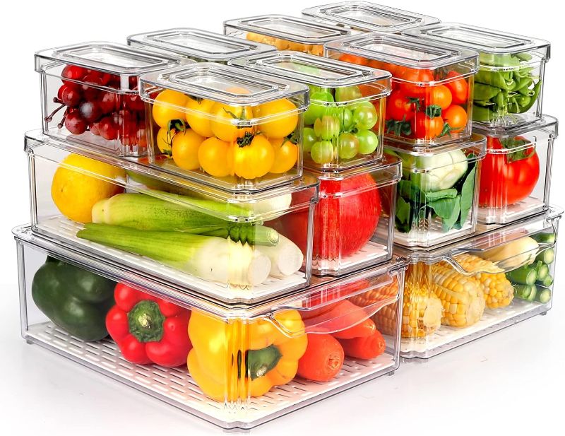 Photo 1 of 14 Pack Fridge Organizer, Stackable Refrigerator Organizer Bins with Lids, BPA-Free Fridge Organizers and Storage Containers for Fruit, Vegetable, Food, Drinks, Cereals, Clear
