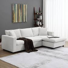 Photo 1 of 100.4 * 64.6" Modern Sectional Sofa,L-Shaped Couch Set with 2 Free Pillows,4-seat Polyester Fabric Couch Set with Convertible Ottoman for Living Room, Apartment, Office (White + Polyester-A) Box 1 of 2
