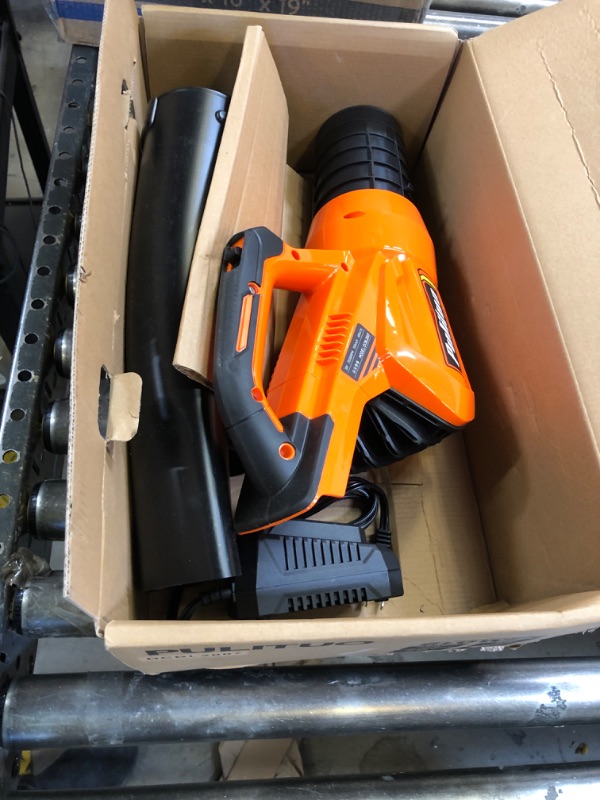 Photo 2 of PULITUO 20V Cordless Leaf Blower with 4.0Ah Battery and Charger, 400 CFM/22500RPM Electric Leaf Blower with Long and Short Extension Nozzles, Lightweight Handheld for Garden Leaves, Yard Cleaning. Orange with 4.0 Battery