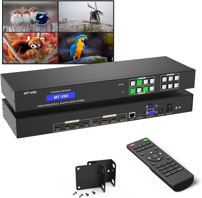 Photo 1 of MT-VIKI 4K HDMI Matrix Switch 4x4 Support Web GUI w/IR Remote, 3.5mm Stereo Audio Extractor, Rack Mount Switcher & Splitter, 4K@30Hz, EDID, RS232, LAN Port (4 in 4 OUT)
