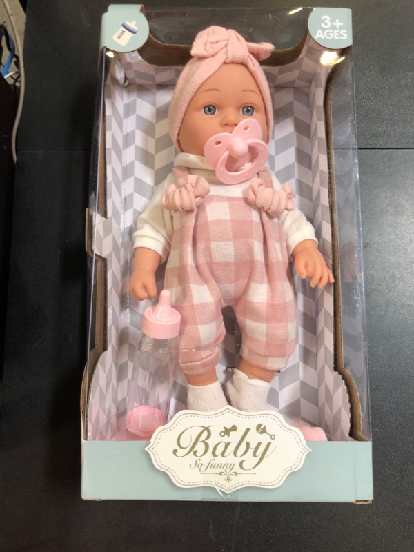 Photo 2 of 12'' Baby Doll in Gift Box with Pink Cloths, Pacifier, 13''x13'' Microfabric Blanket, and Feeding Bottle. Gift Idea for Ages 3+
