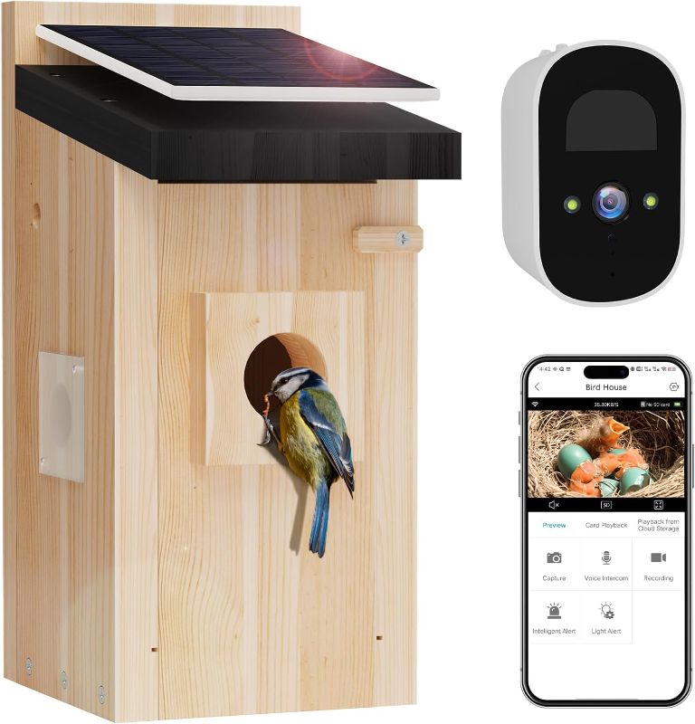 Photo 1 of Bird House with Camera - Solar Powered Birdhouse Camera & Feeder, 4MP 2K Full Color Night Vision Bird Cam, 2.4G WiFi & App Notify Watch Bird Nesting & Hatching in Real Time, Ideal Gift for Family
