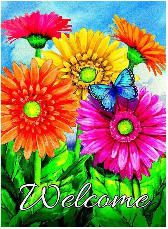 Photo 1 of ALAZA Welcome Butterfly Flowers Sunflower Daisy House Flag Garden Banner 28" x 40" Double Sided, Summer Flowers Spring Butterfly Garden Flags for Anniversary Yard Outdoor Decoration
