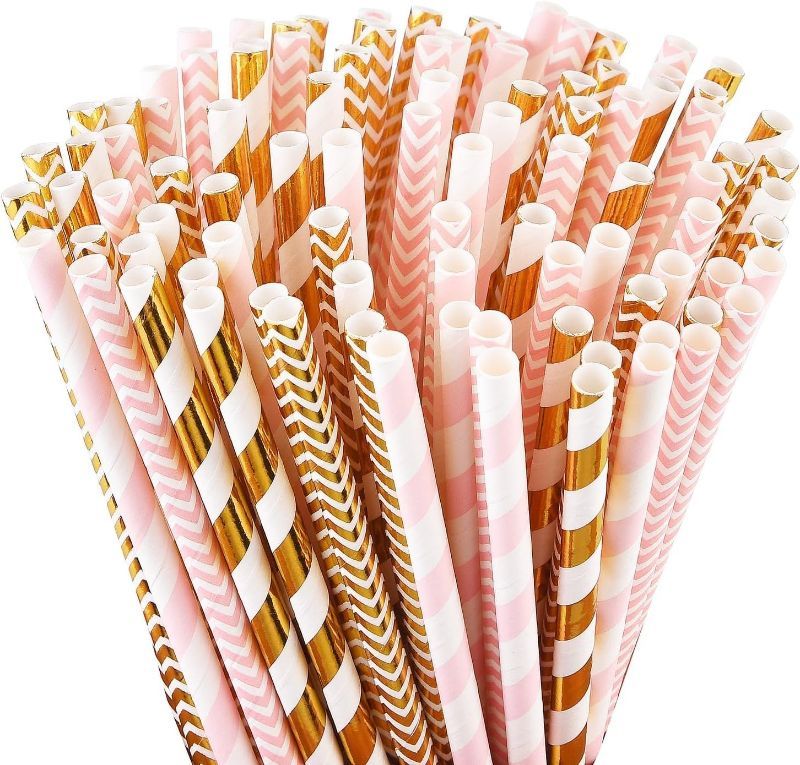 Photo 1 of ALINK Biodegradable Paper Straws, 100 Pink Straws/Gold Straws for Party Supplies, Birthday, Wedding, Bridal/Baby Shower, Christmas Decorations and Holiday Celebrations
