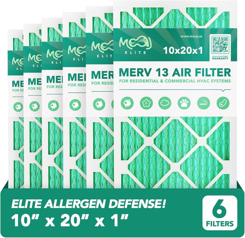 Photo 1 of 10x20x1 Air Filter (6-PACK) | MERV 13 | MOAJ Elite Bacterial & Viral Defense | BASED IN USA | Pleated Replacement Air Filters for AC & Furnace Applications | Actual Dimensions: 9.70” x 19.70” x 0.75”