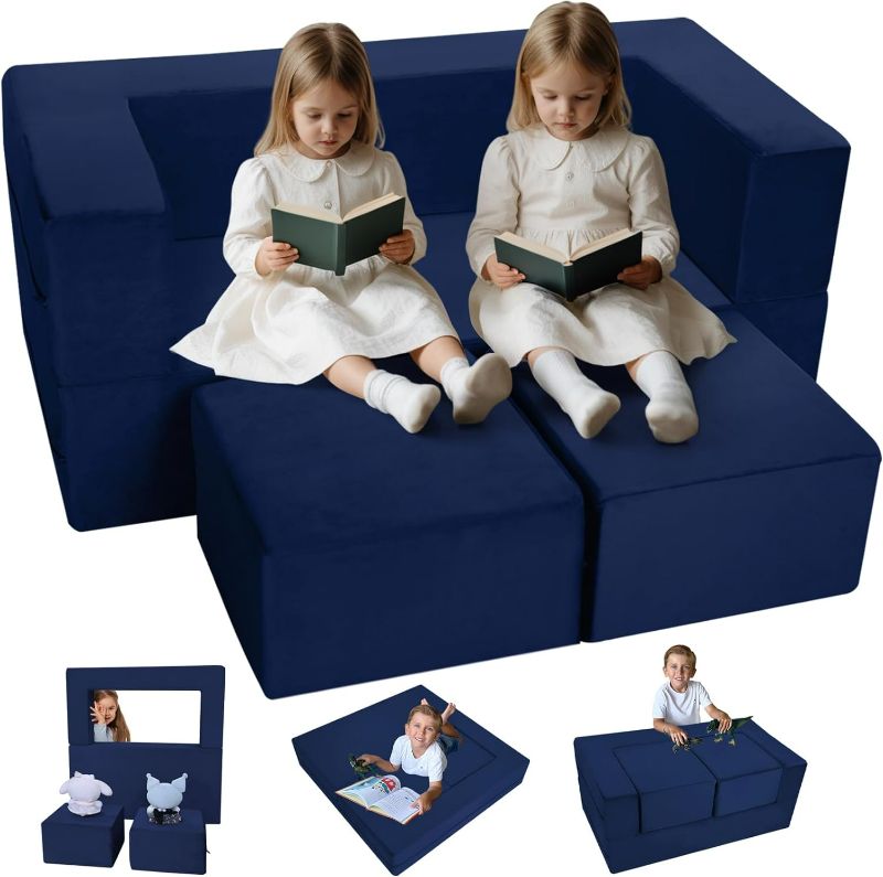 Photo 1 of Convertible Kids Foam Sofa Couch for Playroom or Bedroom, Fold Out Navy Toddler Play Couch.