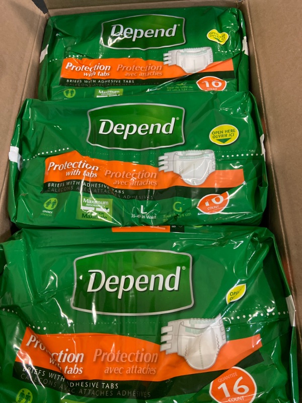 Photo 3 of Depend Incontinence Protection with Tabs, Unisex, Large (35–49" Waist, over 170 lbs), Maximum Absorbency, 48 Count (3 Packs of 16).