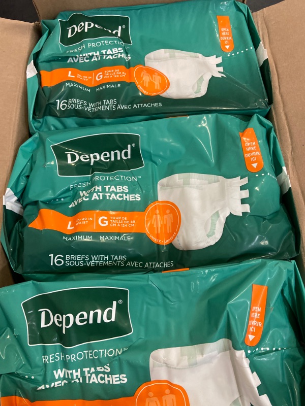 Photo 2 of Depend Incontinence Protection with Tabs, Unisex, Large (35–49" Waist, over 170 lbs), Maximum Absorbency, 48 Count (3 Packs of 16)