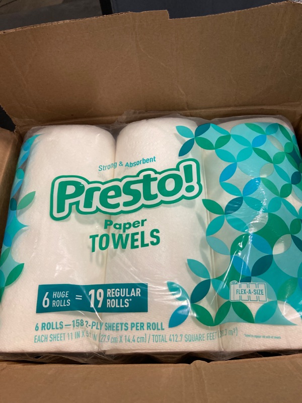 Photo 2 of Amazon Brand - Presto! Flex-a-Size Paper Towels, 158 Sheet Huge roll, 6 Rolls, Equivalent to 19 Regular Rolls, White 158 sheet (Pack of 6) White