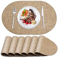 Photo 1 of ANUNU Placemats Set of 6 - Double-Sided Faux Leather Design Oval Placemats for Dining Table Mats Heat Resistant Waterproof Wipeable Washable Non-Slip Kitchen Table Placemats (Set of 6, Camel)