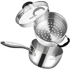 Photo 1 of 3.5 Quart Stainless Steel Saucepan with Steamer, Tri-Ply Full Body Small Multipurpose Pot with Pour Spout,Strainer Glass Lid, 3 Qt Sauce Pan for Cooking with Stay-cool Handle.