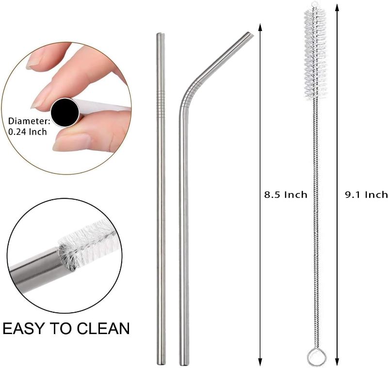 Photo 2 of 10 Pack Reusable Stainless Steel Metal Straws & Cleaning Brushes New