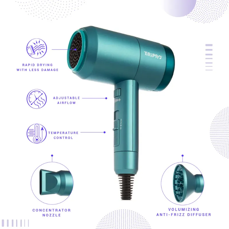 Photo 3 of Teal Prisma Tiri Pro Dryer Crushed Tourmaline Gemstones Combined With Ionic Technology Adjustable Airflow Ensures Rapid Drying Times With Less Damage Giving Enhanced Smoothness & Shine Volumizing Anti Frizz Diffuser & Concentrator Nozzle Included New