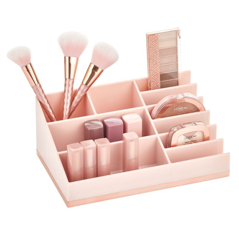 Photo 1 of 2 Pack mDesign Plastic Cosmetic Organizer Palette Storage Center with 10 Sections for Bathroom Vanity Countertop - Hold Makeup Brushes, Lipstick, Lip Gloss, Concealers, Mascara, Eye Pencils - Pink/Rose Gold