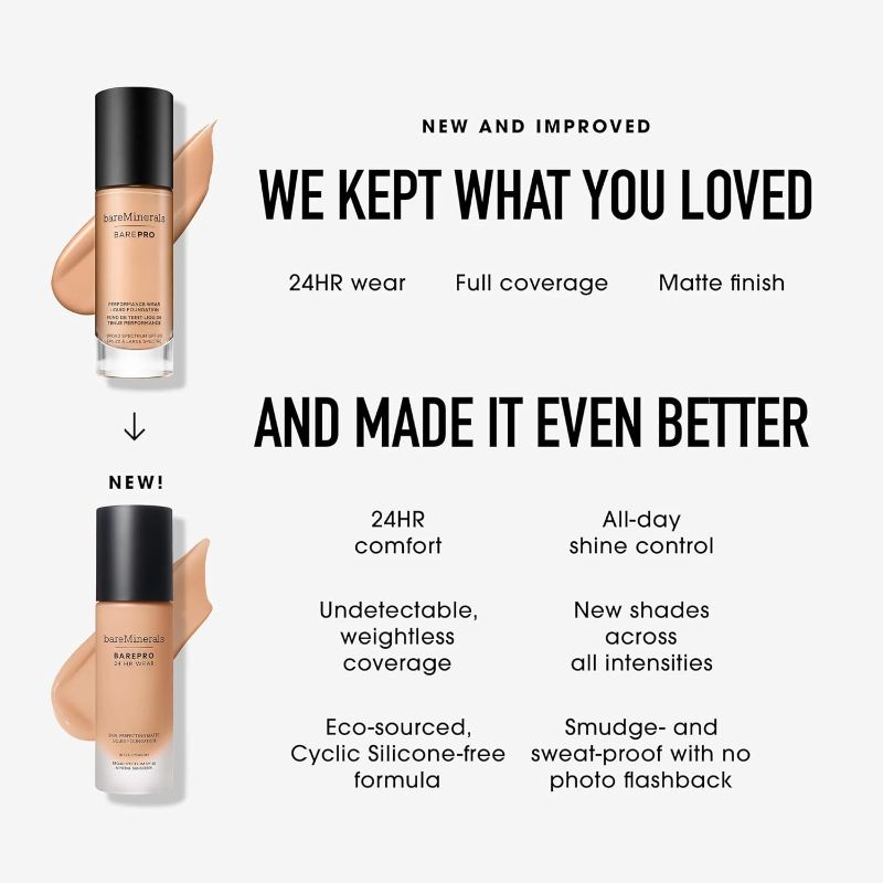 Photo 4 of Bareminerals Barepro 24HR Wear Matte Liquid Foundation Mineral SPF 20, Full Coverage Foundation Makeup for Mature Skin, Oil-Free, Vegan, New