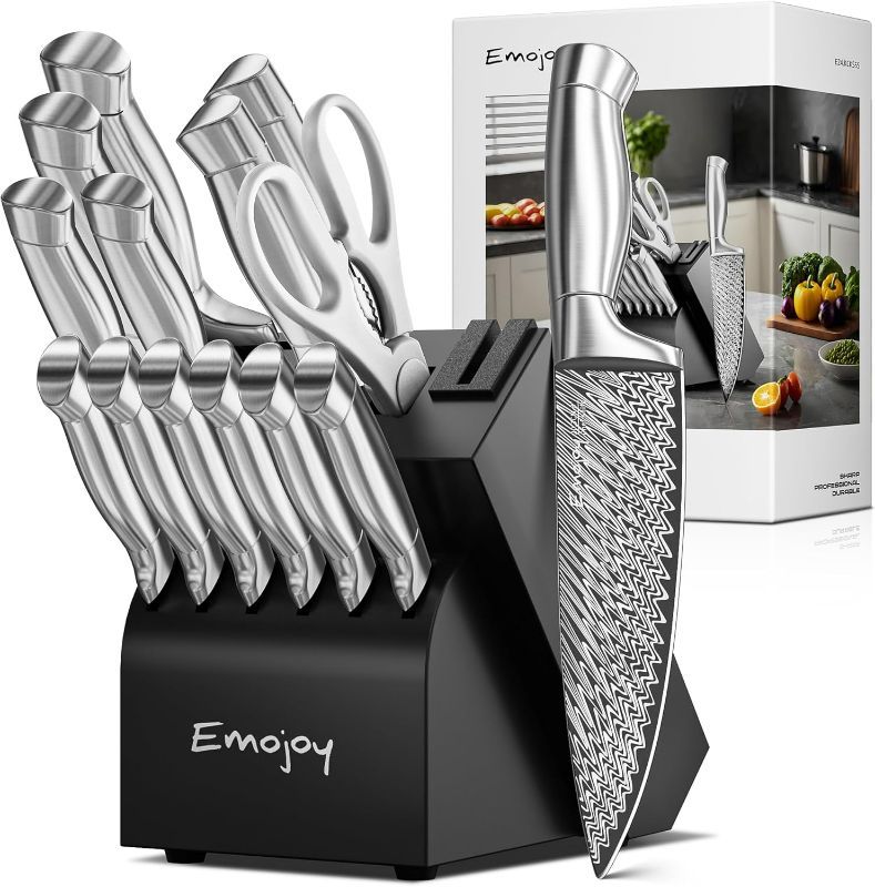 Photo 1 of Knife Set,Emojoy 15 Pieces Kitchen Knife Set with block, Knife Block Set with Built-in Sharpener,High Carbon Stainless Steel Sharp Chef Knife Set with Hollow Handle