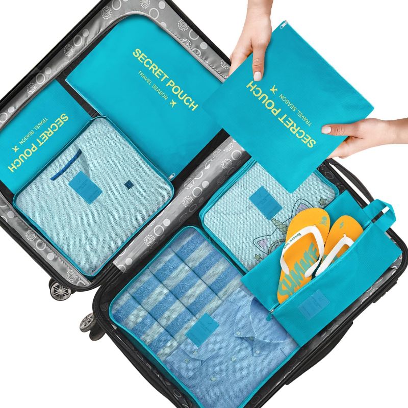 Photo 1 of 7 Set Packing Cubes with Shoe Bag - Cute Travel Bags Luggage Organizers for Suitcase in Different size, Clothing Underwear Storage Bags Set Mesh for Travel Accessories Man & Women(Turquois)
