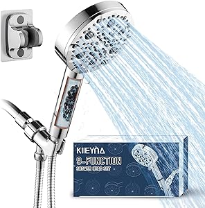 Photo 1 of Klleyna 9-Function Hard Water Shower Head, 2.5GPM, 9 Spray, Removes Chlorine, 5FT Flexible Metal Hose, Swivel Bracket, Adhesive Holder, ACF Activated Carbon
