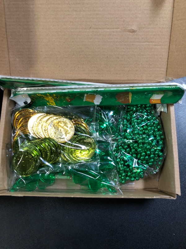 Photo 2 of 132 PCS St.Patrick's Day Accessories, Includes Tattoos Stickers, Bracelets, Green & Gold Lucky Coins, Necklaces, Shamrock Glasses, St Patricks Day Decoration, Party Favor Set