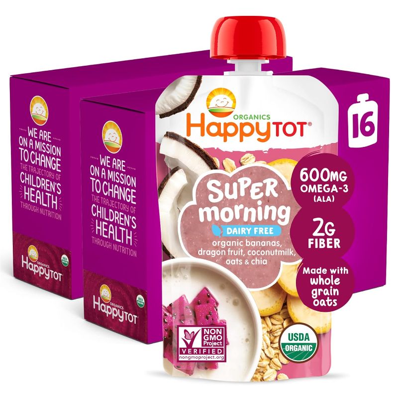 Photo 1 of Happy Tot Organics Super Morning Stage 4 Dairy Free, Bananas, Dragon Fruit, Coconut Milk & Oats + Super Chia, 4 Ounce Pouch (Pack of 16) (BB 24SEP24)