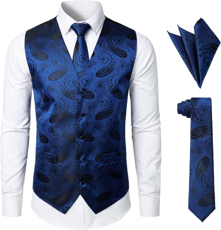 Photo 1 of JOGAL Men's 3pc Paisley Vest Necktie Pocket Square Set for Suit or Tuxedo 2XL